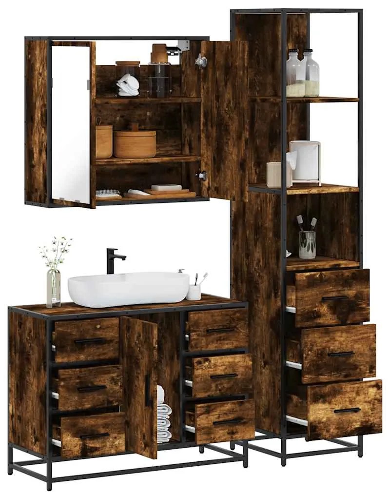 vidaXL Set mobilier de baie, 3 piese, stejar fumuriu, lemn prelucrat