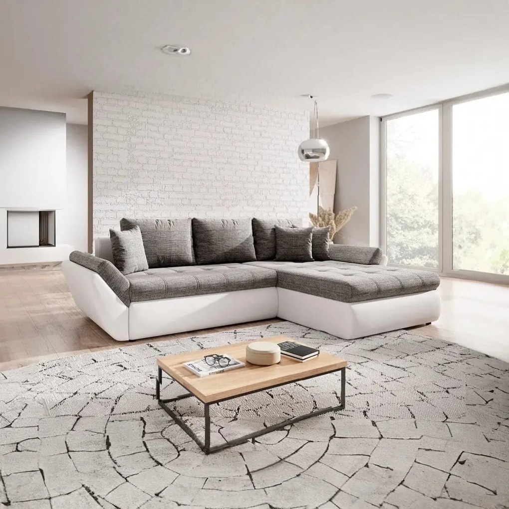 Colțar extensibil dumonde cu ladă de depozitare si sezut confortabil din spuma high-density, Loana Magma White 275x185 cm