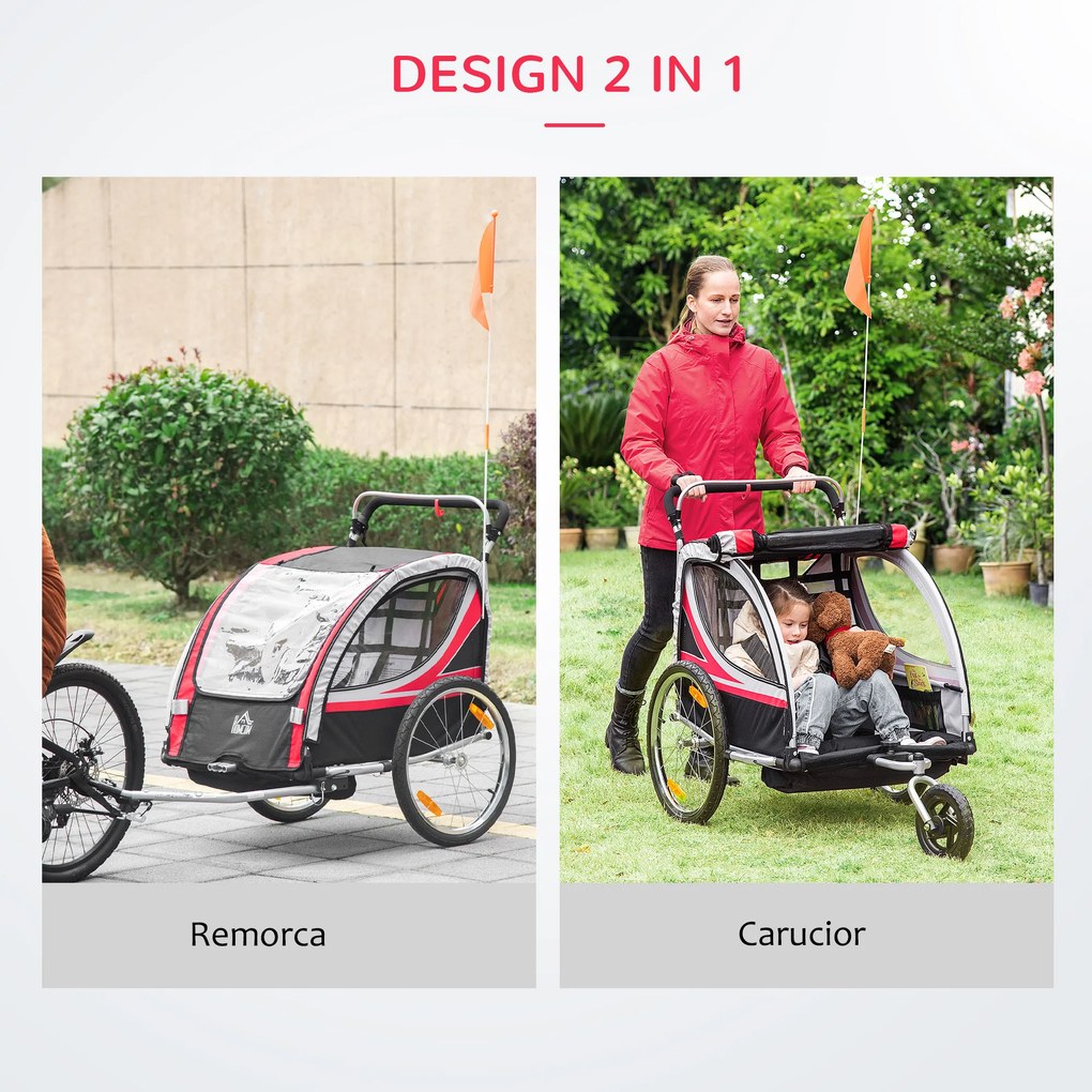 HOMCOM Remorca Bicicleta 2 in 1 pentru Copii cu Centura 5 Puncte si Accesorii Siguranta, Rosu | Aosom Romania
