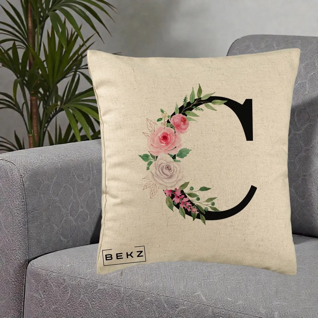 Cadou Personalizat - Perna Personalizata Monograma Florala Litera C, 40x40 cm, Bej, Husa Detasabila, Perna Inclusa, BEKZ®