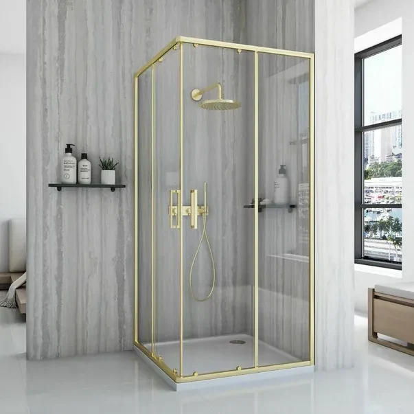 Cabina de dus patrata cu usi glisante auriu Rea City 90x90 cm si cadita alba