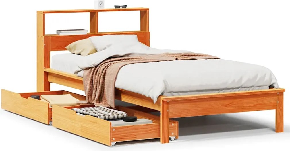 vidaXL Pat bibliotecă fără saltea maro ceruit 75x190 cm lemn masiv pin