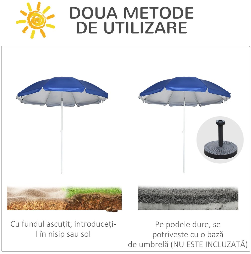 Outsunny Umbrelă de Plajă cu Acoperiș Înclinabil la 45°, Ferestre și 2 Buzunare, Ø191x211 cm, Albastru | Aosom Romania