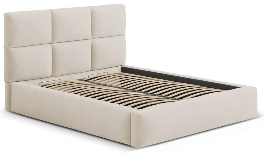 Pat matrimonial bej tapițat cu spațiu de depozitare cu somieră 200x200 cm Libera – Windsor &amp; Co Sofas