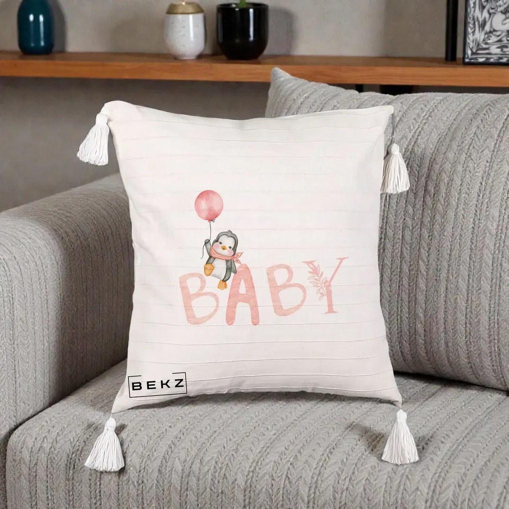 Perna Personalizata Baby Pinguin Roz, 40x40 cm, Bej cu Franjuri, Husa Detasabila, Perna Inclusa, BEKZ®