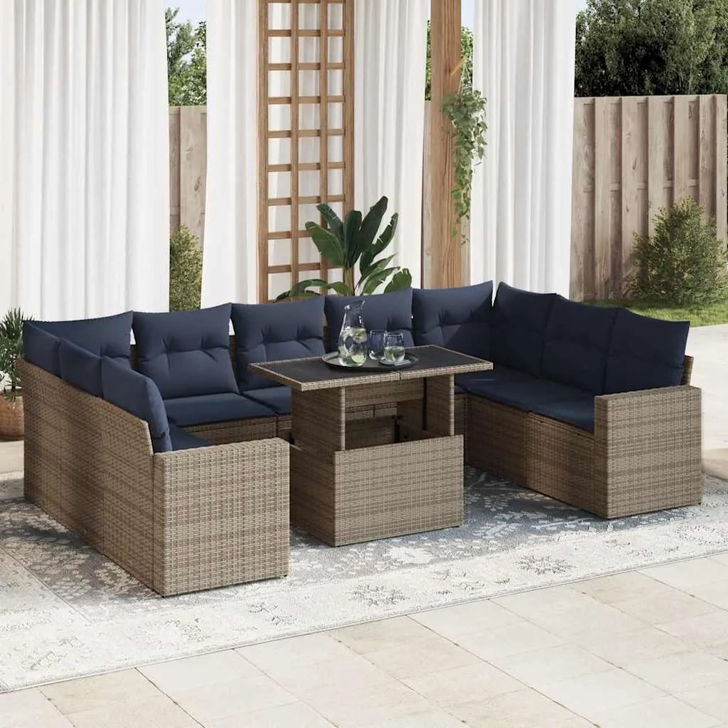 vidaXL Set mobilier de grădină cu perne, 10 piese, gri, poliratan