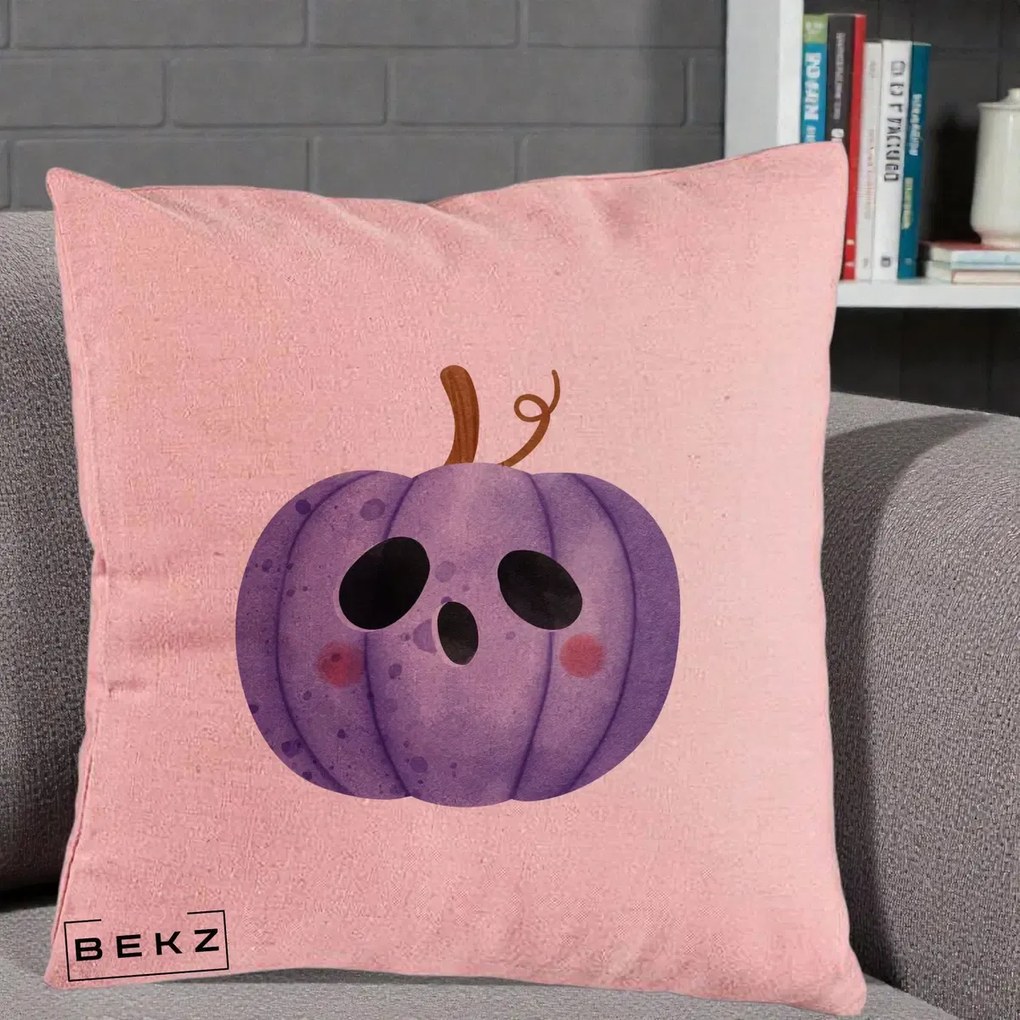 Perna Decorativa Dovleac Halloween Mov Kawaii, 40x40 cm, Roz, Husa Detasabila, Perna Inclusa, BEKZ®