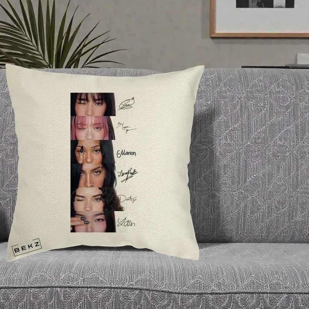Perna Personalizata K-pop KATSEYE Semnaturi fara Foto, 40x40 cm, Ecru, Husa Detasabila, Perna Inclusa, BEKZ®
