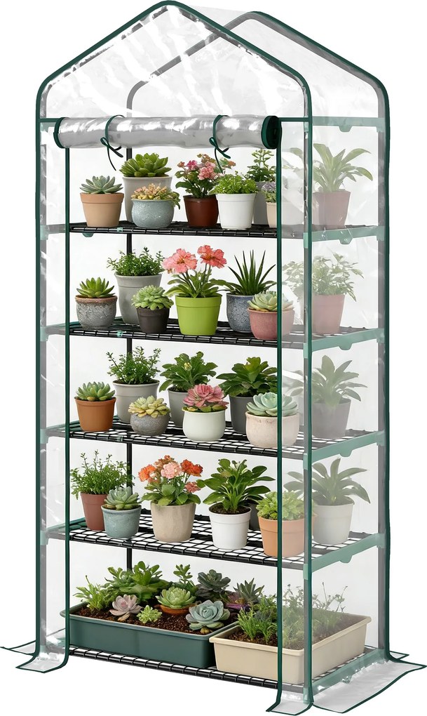 Outsunny Seră de grădină din PVC cu 5 rafturi, mini-seră de balcon, cadru din oțel, ușă cu fermoar, 90x49x193cm, transparent | Aosom Romania