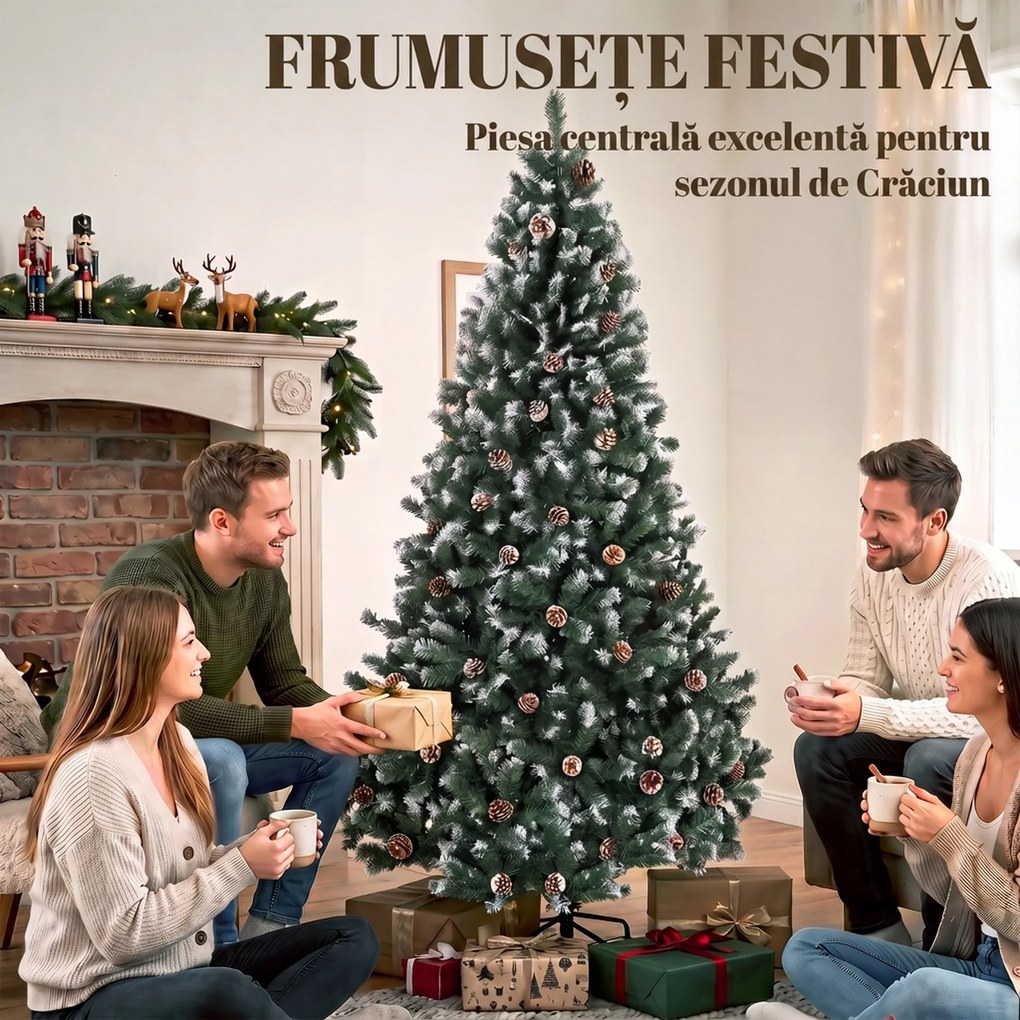 HOMCOM Brad Crăciun Artificial 210cm, 998 Ramuri Ninse Conuri Pin, Deschidere Automată, Bază Pliabilă, Verde | Aosom Romania