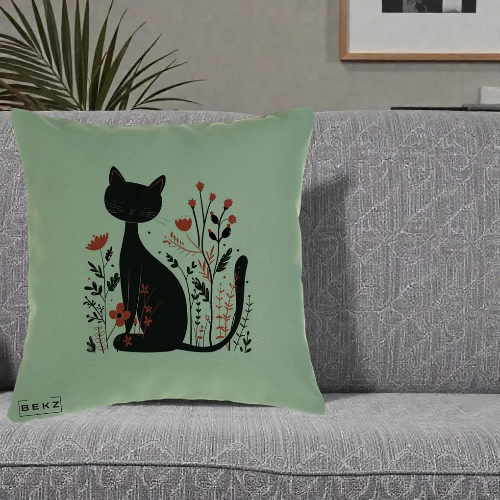 Perna Decorativa Pisica Neagra Flori Rosii Folk Minimal, 40x40 cm, Verde, Husa Detasabila, Perna Inclusa, BEKZ®