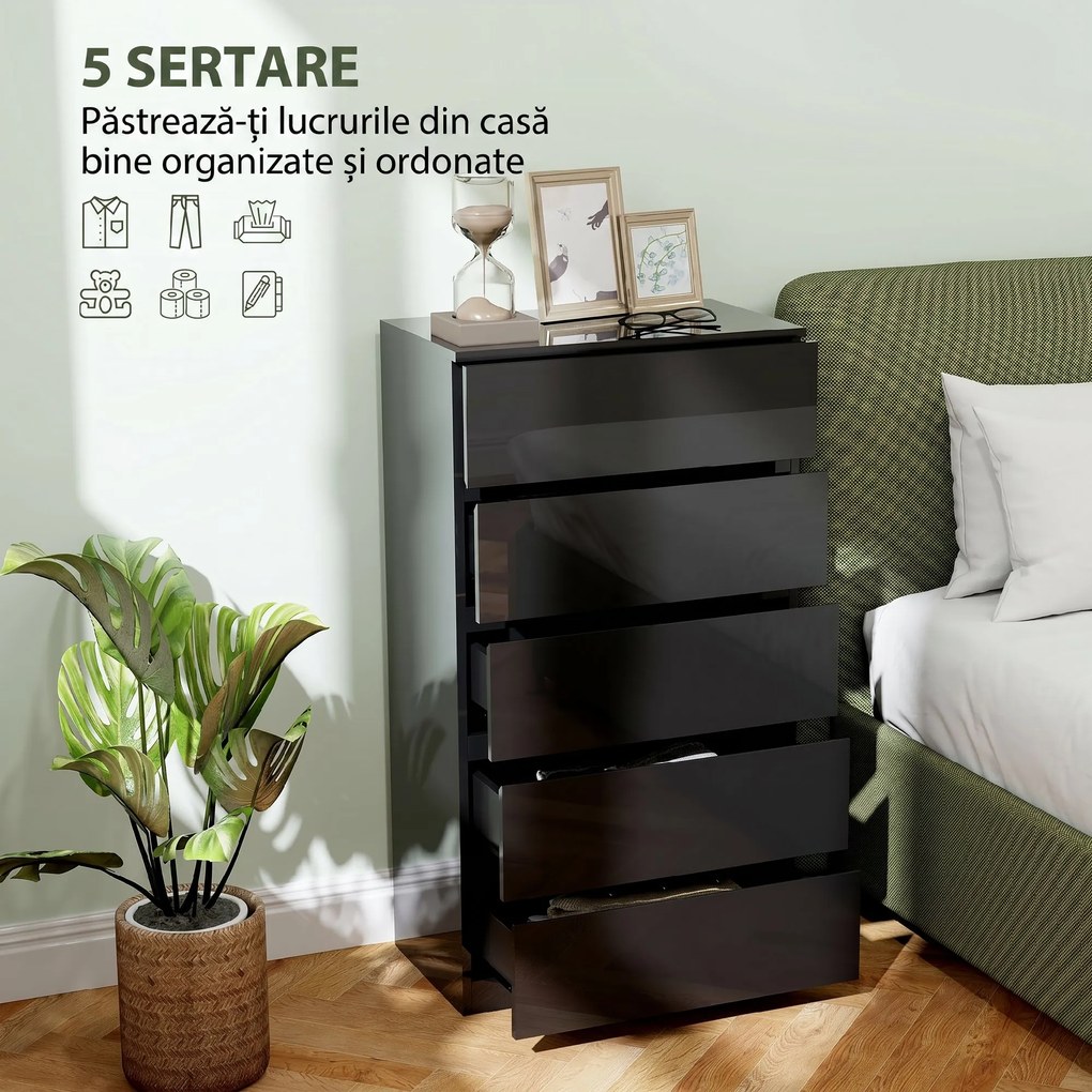HOMCOM Comodă cu 5 Sertare din Lemn, pentru Dormitor, Design Modern și Multifuncțional, 55x34x100 cm, Negru | Aosom Romania