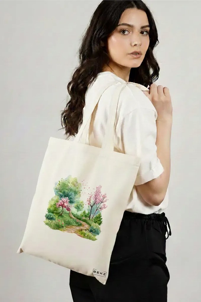 Sacosa de Panza pentru Cumparaturi, Geanta Tote, model Watercolor Garden 2, 38 x 34.5 cm, Alba, BEKZ®