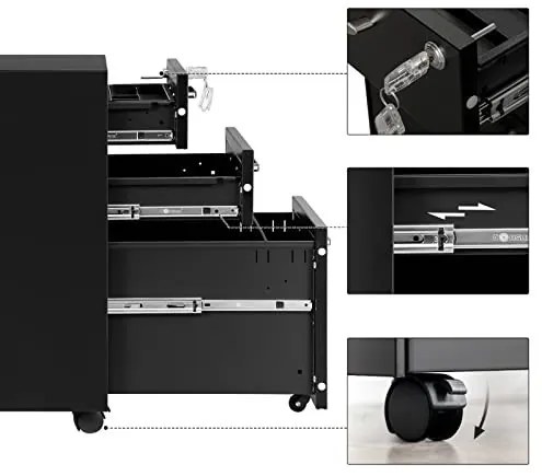 Corp mobil pentru birou / rollbox cu 3 sertare, 48 x 39 x 60 cm, metal, negru, Songmics