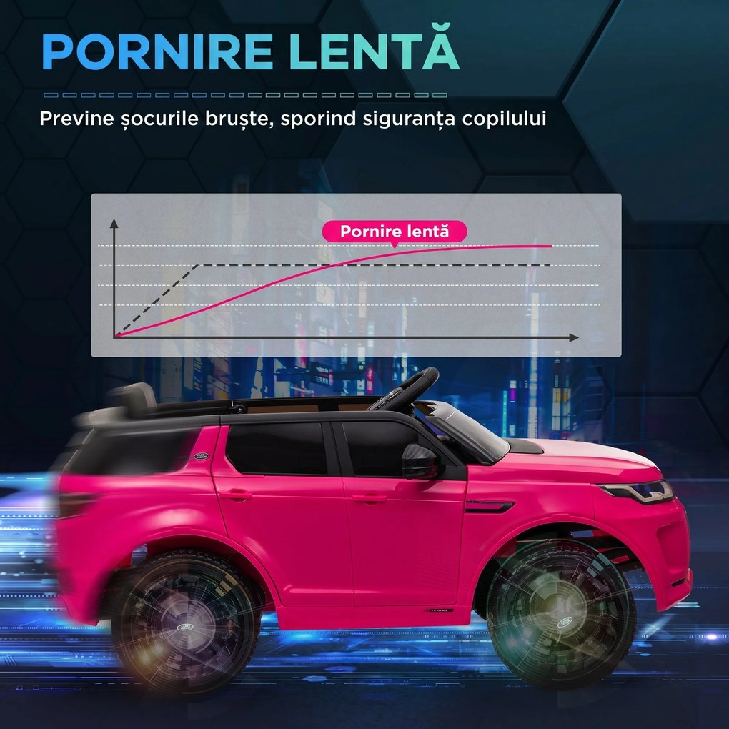 AIYAPLAY Mașină Electrică Copii cu Licență Land Rover Discovery, cu Faruri, Claxon și Centură, din Plastic și Metal, 106x65,5x51 cm, Roz | Aosom Romania