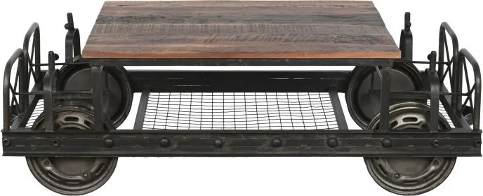 Măsuță de cafea dreptunghiulară din lemn și metal, natur și negru, pe roți, finisaj patinat, 48 x 147 x 76 cm, „Ferros” – Ethnic Collections