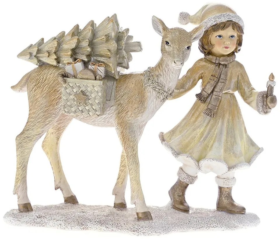 Figurina din rasina Girl with Deer Cream Gold 22 cm x 19 cm