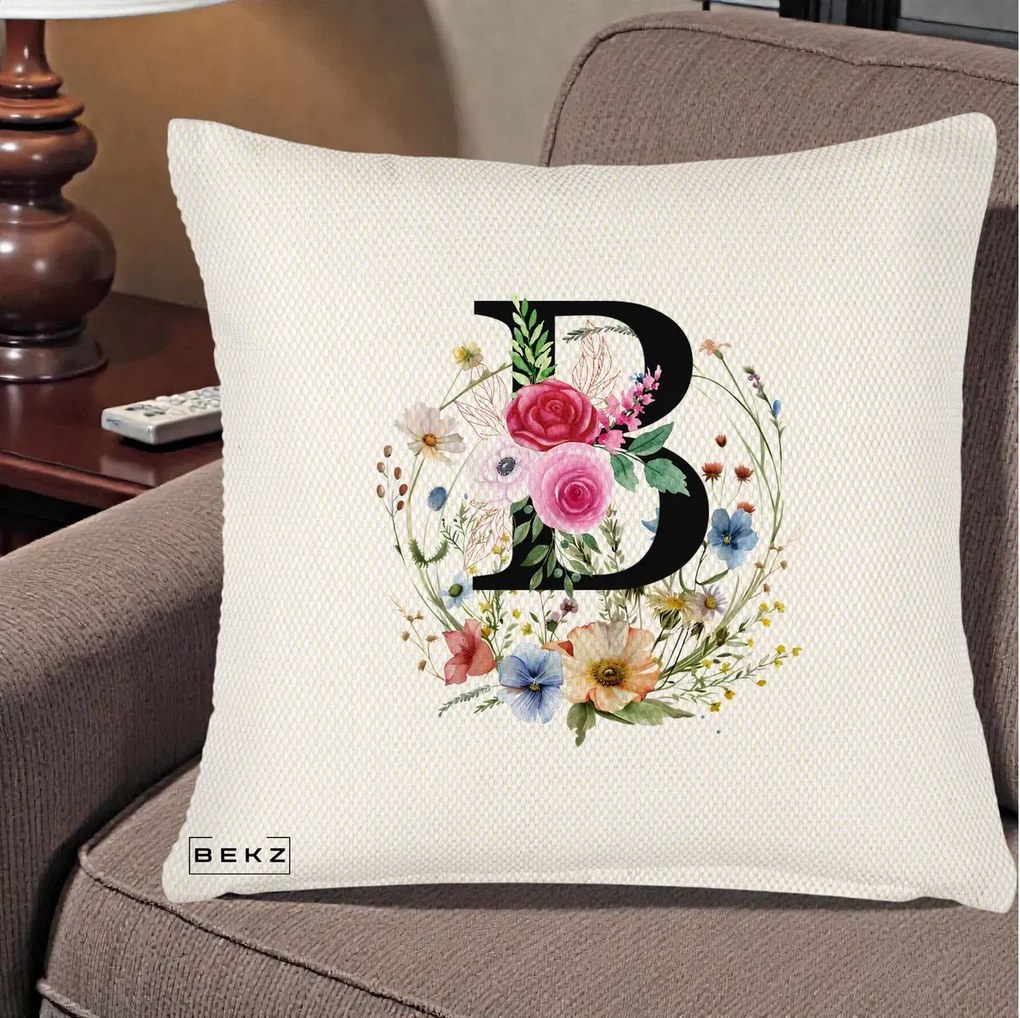 Cadou Personalizat - Perna Personalizata Monogram Litera B cu Flori Acuarela, 40x40 cm, Crem Reliefat, Husa Detasabila, Perna Inclusa, BEKZ®