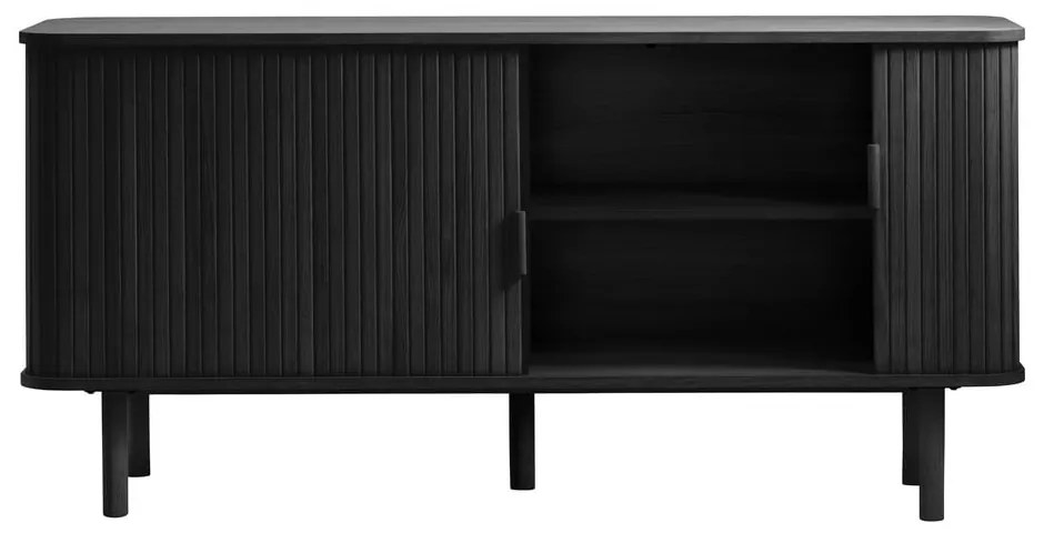 Comodă neagră joasă cu aspect de lemn de stejar cu ușă glisantă 76x160 cm Cavo – Unique Furniture