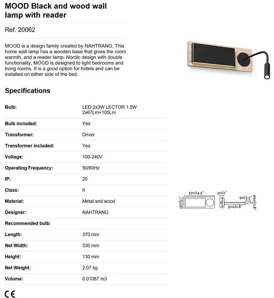 Aplica LED cu reader LED design nordic MOOD lemn/negru
