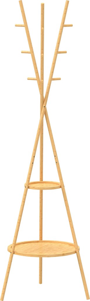 HOMCOM Cuier freestanding cu 9 cârlige și 2 polițe pentru intrare, lemn natural | Aosom Romania