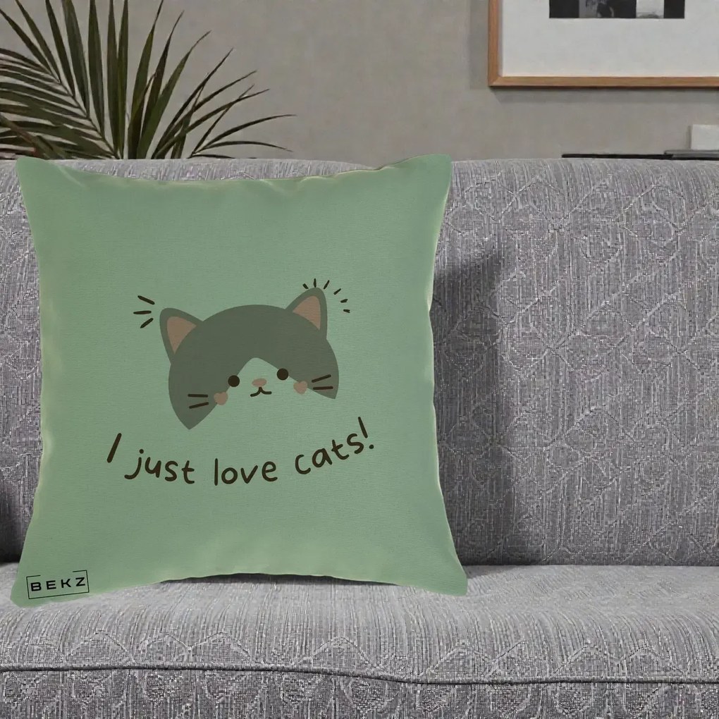 Perna Personalizata I Just Love Cats Pisica Kawaii, 40x40 cm, Verde, Husa Detasabila, Perna Inclusa, BEKZ®