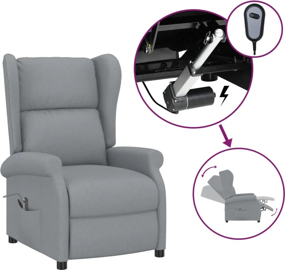 vidaXL Fotoliu rabatabil electric cu spătar aripi, gri deschis, textil