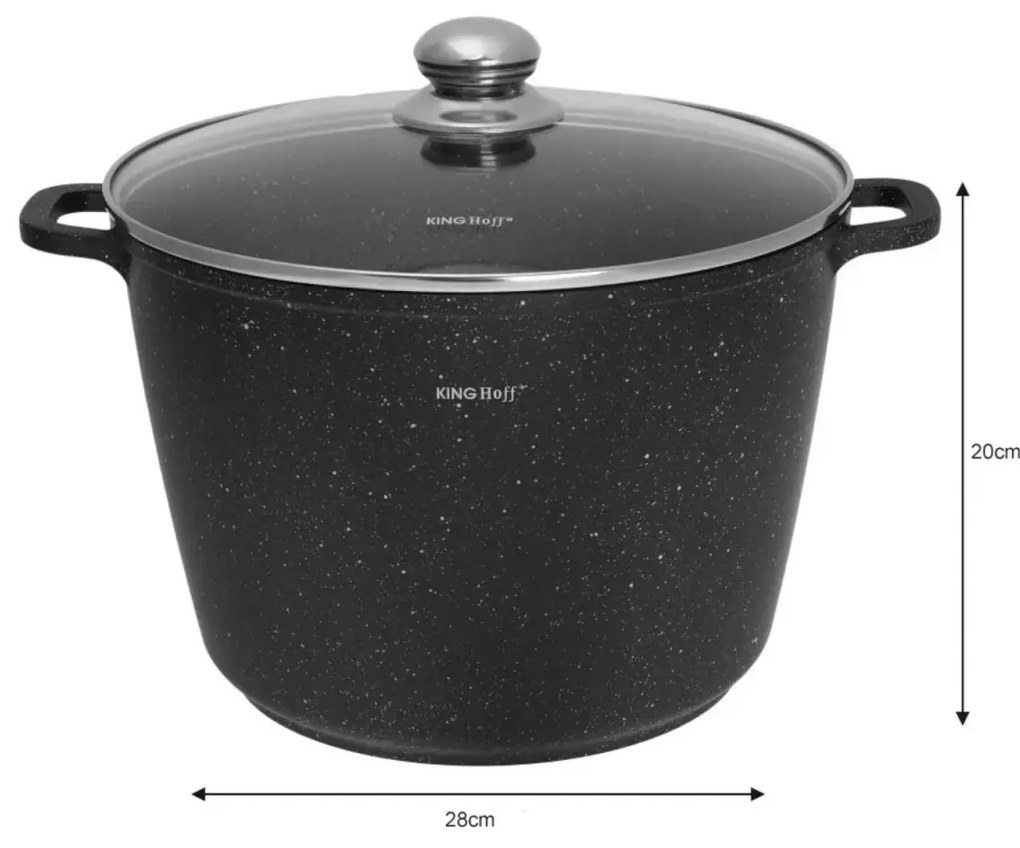 Oală cu capac 28 cm, 10L – Kinghoff KH 1599, antiaderentă cu marmură, neagră, ideală pentru supe și mâncăruri în volum mare