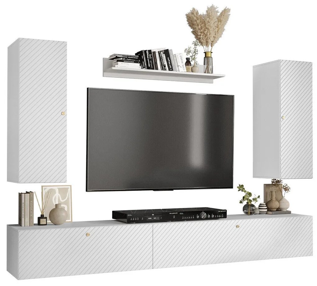 Camera de zi Hartford H115Alb, Cu comodă tv, Cu componente suplimentare, Părți separate, PAL laminat, MDF, 250x40cm, 40 kg