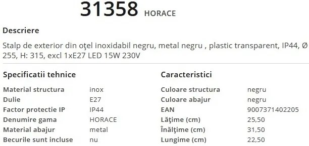 Stalp mic pentru iluminat exterior design modern, IP44 HORACE 31358 GL