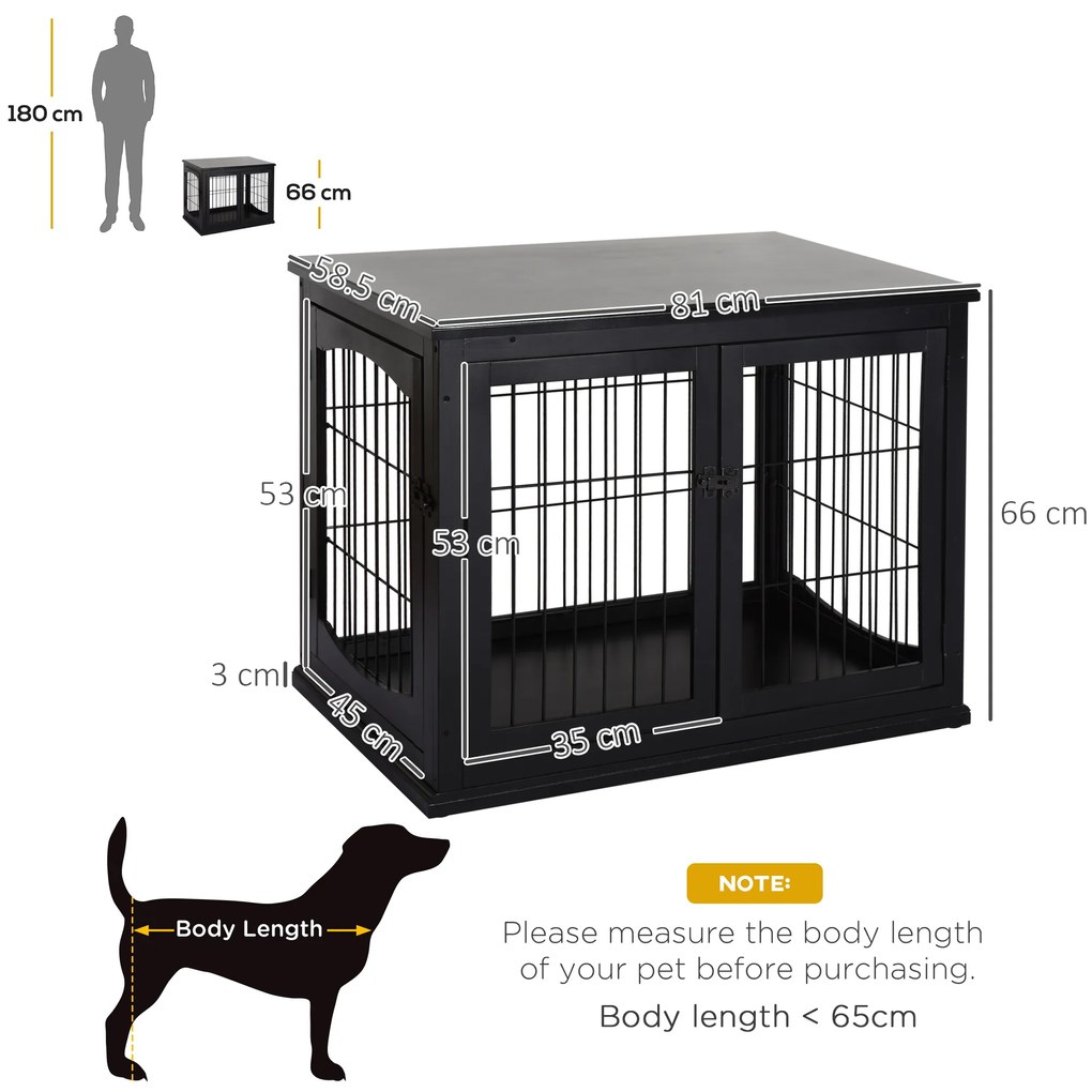 PawHut Cușcă pentru câine animale cușcă din MDF clasa E1 3 uși cu siguranță max. 30 Kg dim. 81L x 58l x 66Î cm negru | Aosom Romania