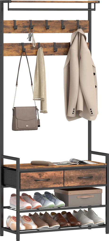 HOMCOM Cuier cu cârlige pentru haine, bancă pentru încălțăminte, organizator industrial pentru hol, cadru din oțel, Maro rustic | Aosom Romania