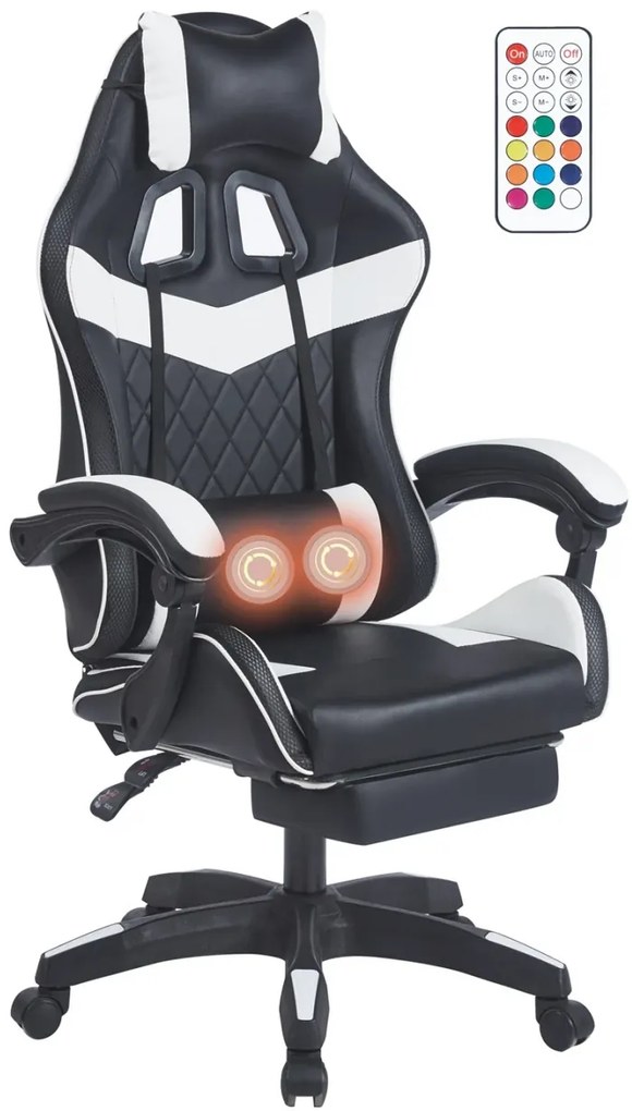 Scaun gaming, sistem iluminare bandă LED RGB, masaj în perna lombară, suport picioare, Negru/Alb