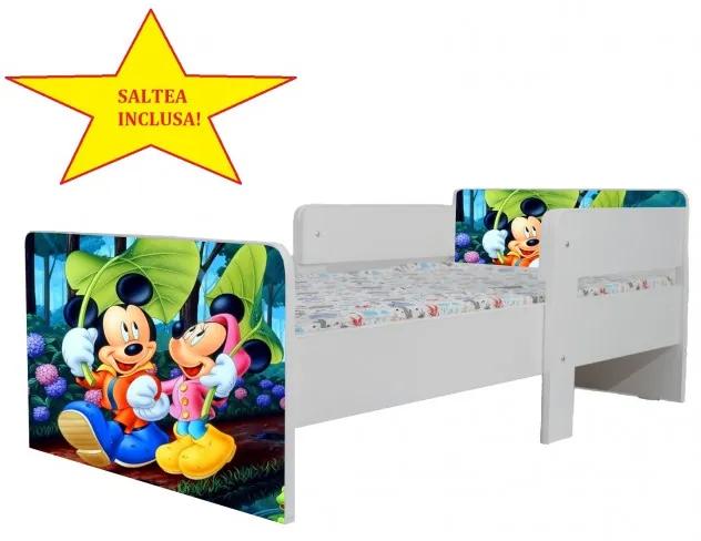 Pat Star imprimat cu Mickey si Minnie, cu protectie si saltea, 180x80 cm