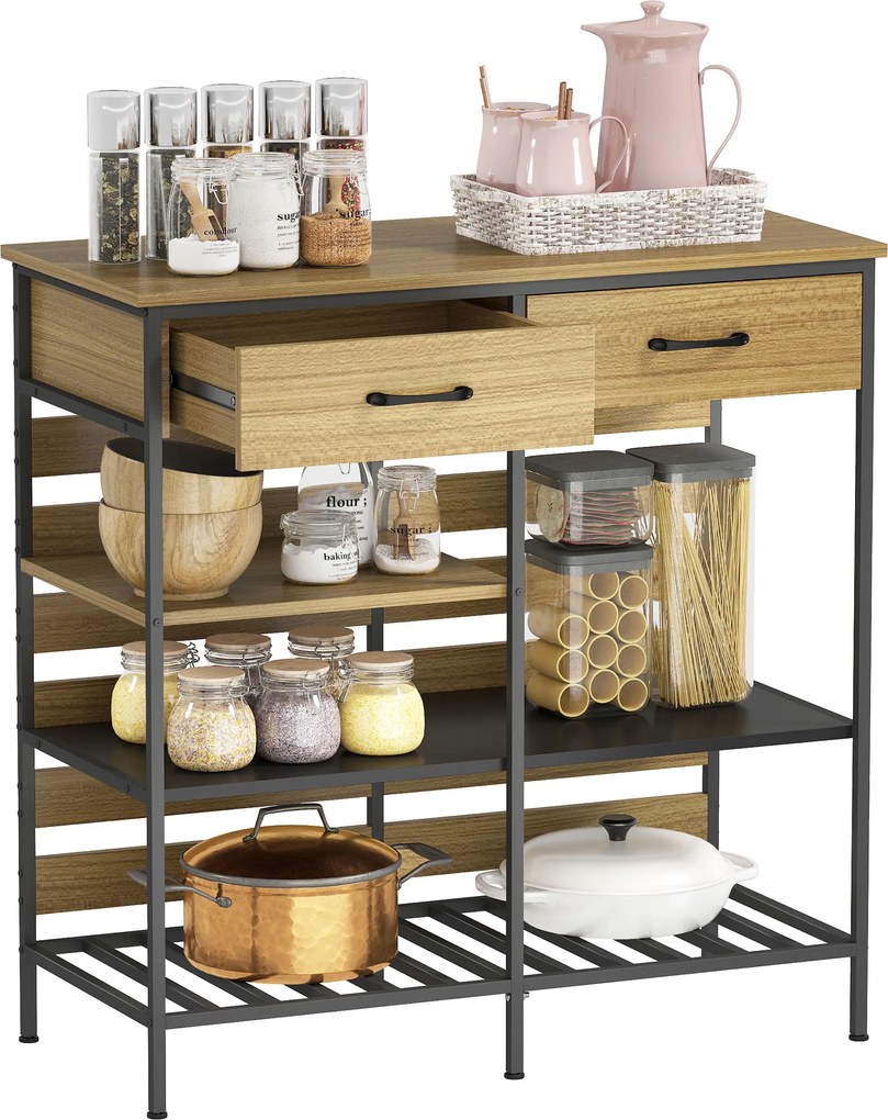 HOMCOM Bufet bucătărie, corp de depozitare cu 2 sertare și 3 rafturi deschise, 90 x 40 x 91 cm, lemn natural și negru | Aosom Romania