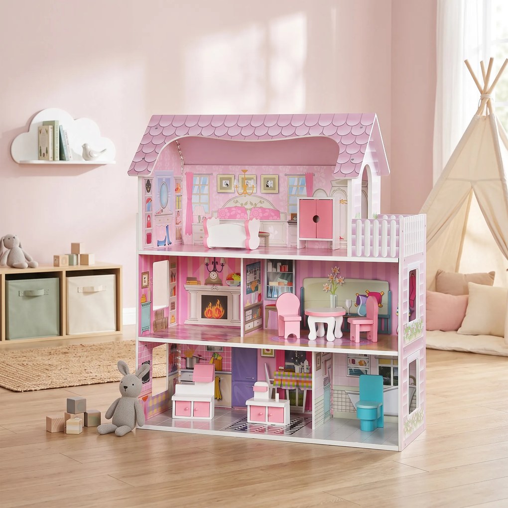 AIYAPLAY Casă de păpuși din lemn pentru copii, 3 niveluri, cu bandă LED DIY, 8 piese de mobilier, 6 camere, 3-6 ani, roz | Aosom Romania