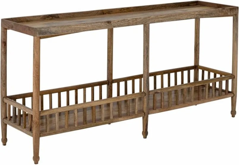 Consolă hol eclectică din lemn de mango, natur, cu raft jos cu balustradă, blat cu bordură și 6 picioare, 80 x 168 x 43 cm, „Sali”