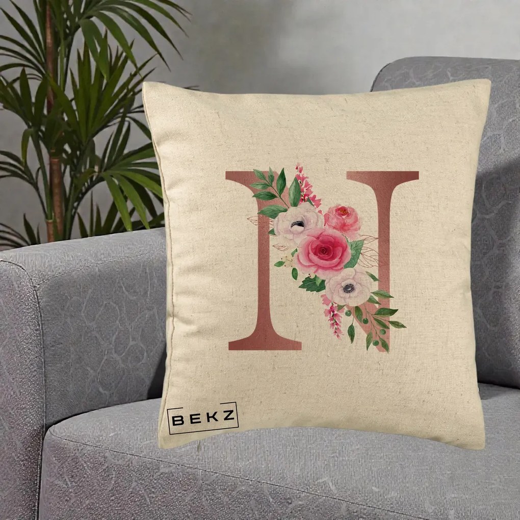 Cadou Personalizat - Perna Personalizata Monograma Rose Gold Litera N, 40x40 cm, Bej, Husa Detasabila, Perna Inclusa, BEKZ®