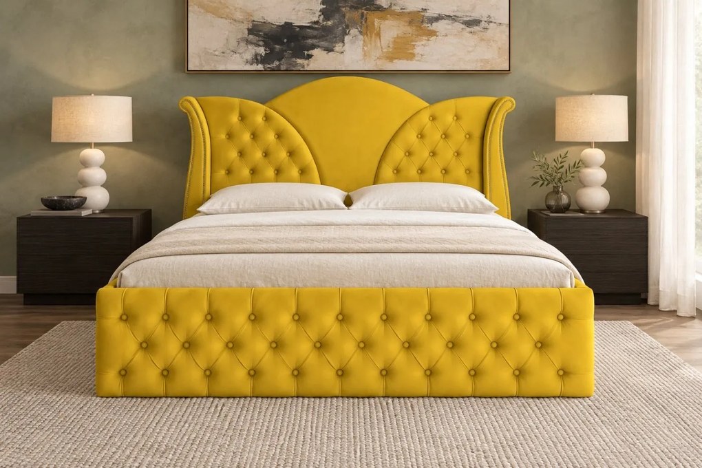 Pat tapițat Chesterfield din catifea Velora Deluxe Classic 140×200 cm, galben muștar, cu ladă de depozitare
