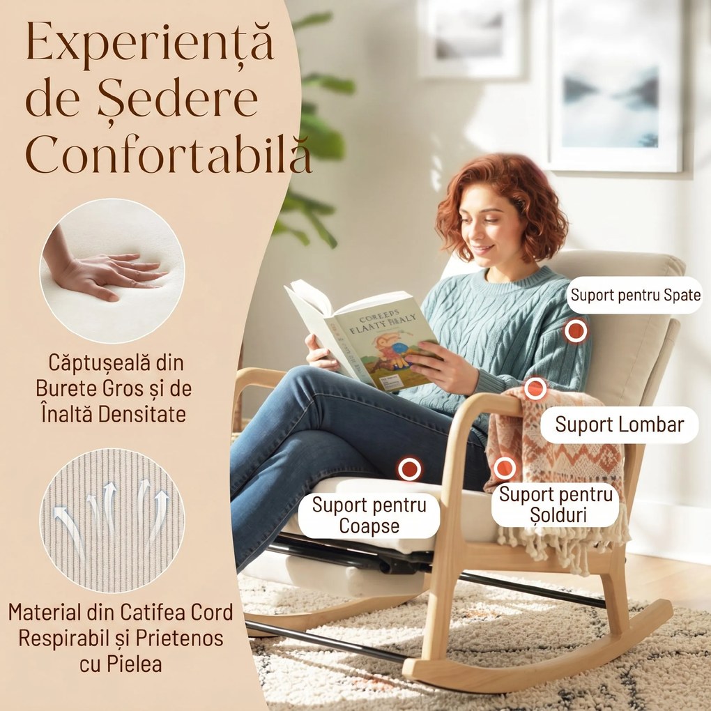 HOMCOM Balansoar din Catifea Fină cu Suport Picioare, Spătar Reclinabil, Stil Scandinav, Crem | Aosom Romania