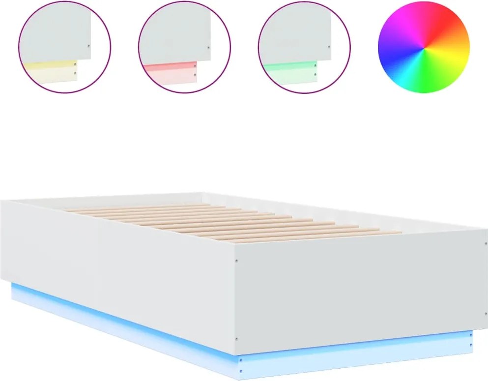 vidaXL Cadru de pat cu lumini LED, alb, 90x190 cm, lemn prelucrat