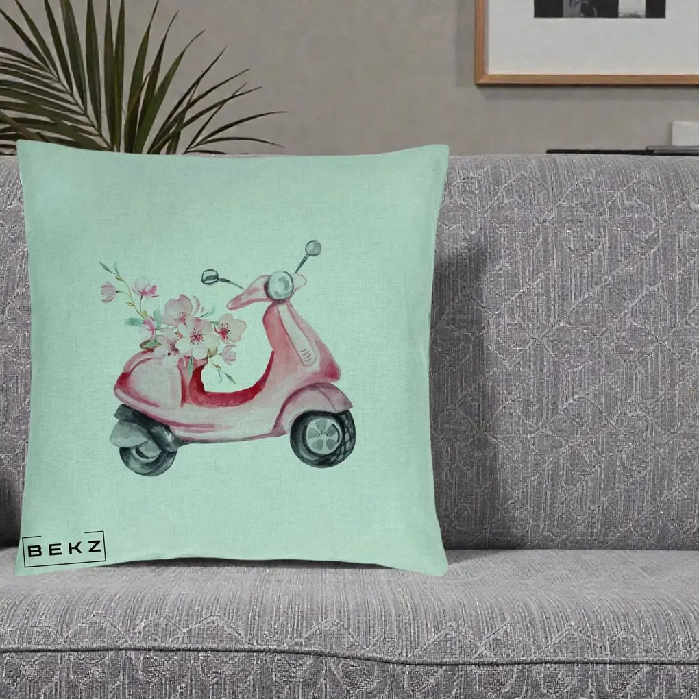 Perna Decorativa Scuter Roz cu Flori Acuarela, 40x40 cm, Verde Menta, Husa Detasabila, Perna Inclusa, BEKZ®