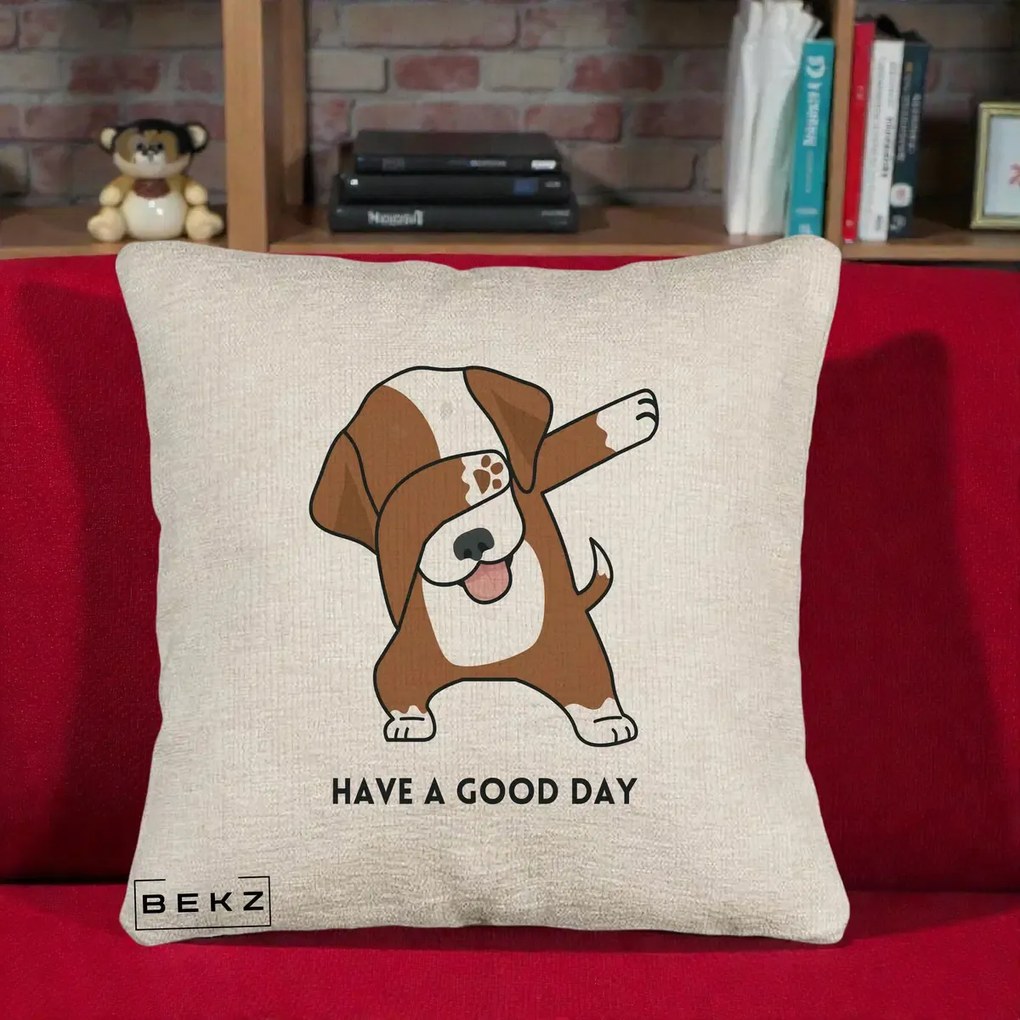 Perna Decorativa Caine Dab Have A Good Day, 40x40 cm, Bej Canapea, Husa Detasabila, Perna Inclusa, BEKZ®