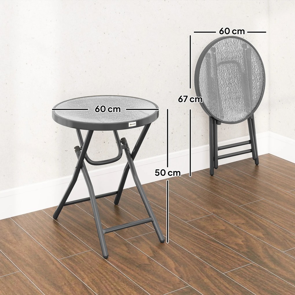 Outsunny Masa de cafea rotundă bistro pentru grădină Ø 60 x 50H cm pliabilă din metal negru cu blat de sticlă temperată negru | Aosom Romania