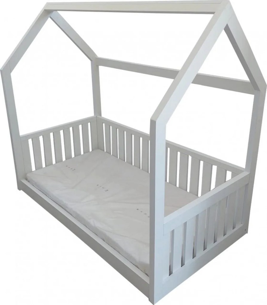 Pat tip casuta pentru copii NOVOKIDS™ Lovely Little House, 160x80 CM, Set cu Saltea din Spuma MATSEN® 10 CM Inclusa, Pal 18 mm, Margini anti-lovire,