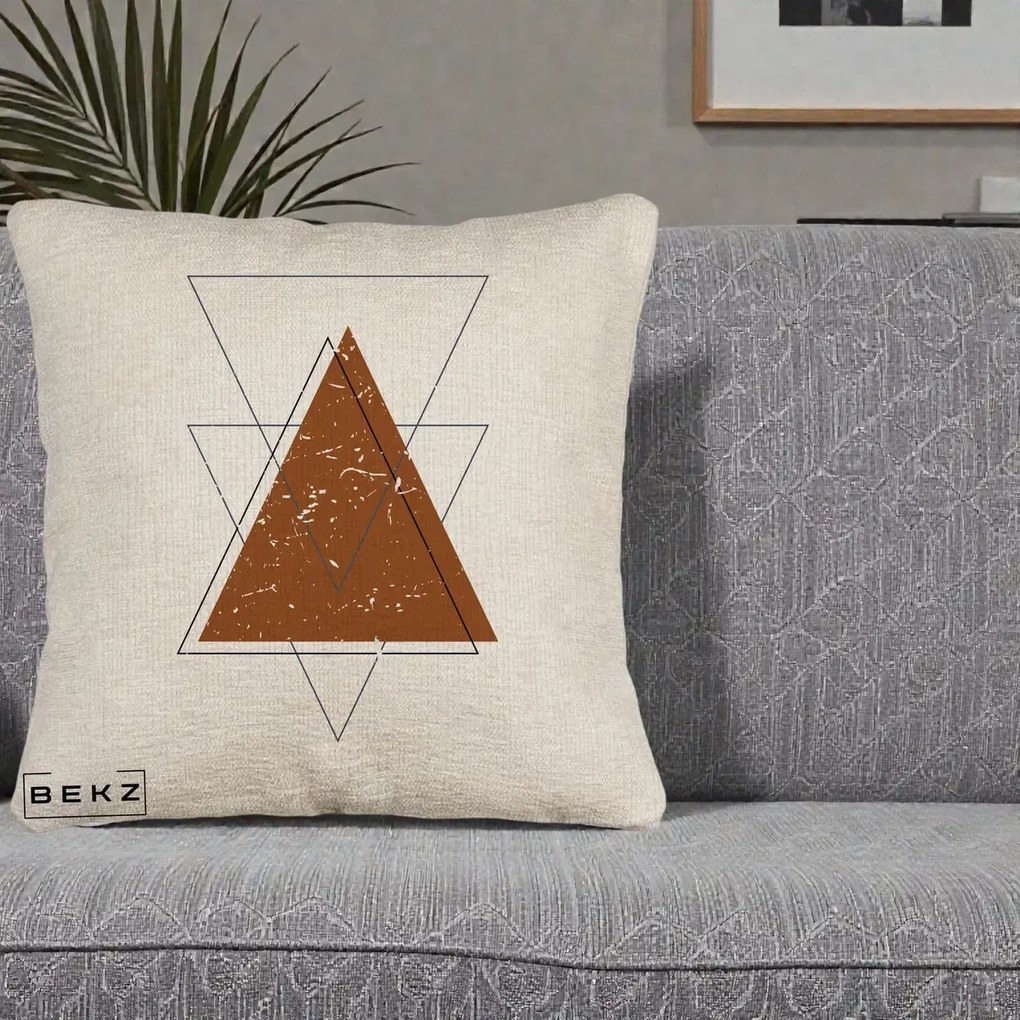 Perna Decorativa Geometric Triunghiuri Sacred, 40x40 cm, Bej Canapea, Husa Detasabila, Perna Inclusa, BEKZ®