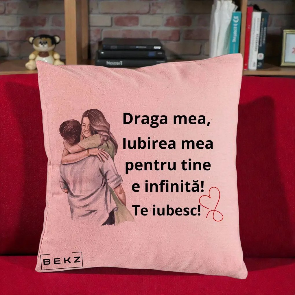 Cadou pentru Iubita - Perna Personalizata Draga Mea Iubirea Mea Infinita Te Iubesc cu Cuplu Acuarela, 40x40 cm, Roz, Husa Detasabila, Perna Inclusa, BEKZ®