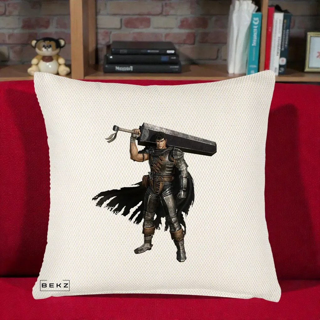 Perna Personalizata Berserk Guts Luptatorul Negru, 40x40 cm, Crem Reliefat, Husa Detasabila, Perna Inclusa, BEKZ®