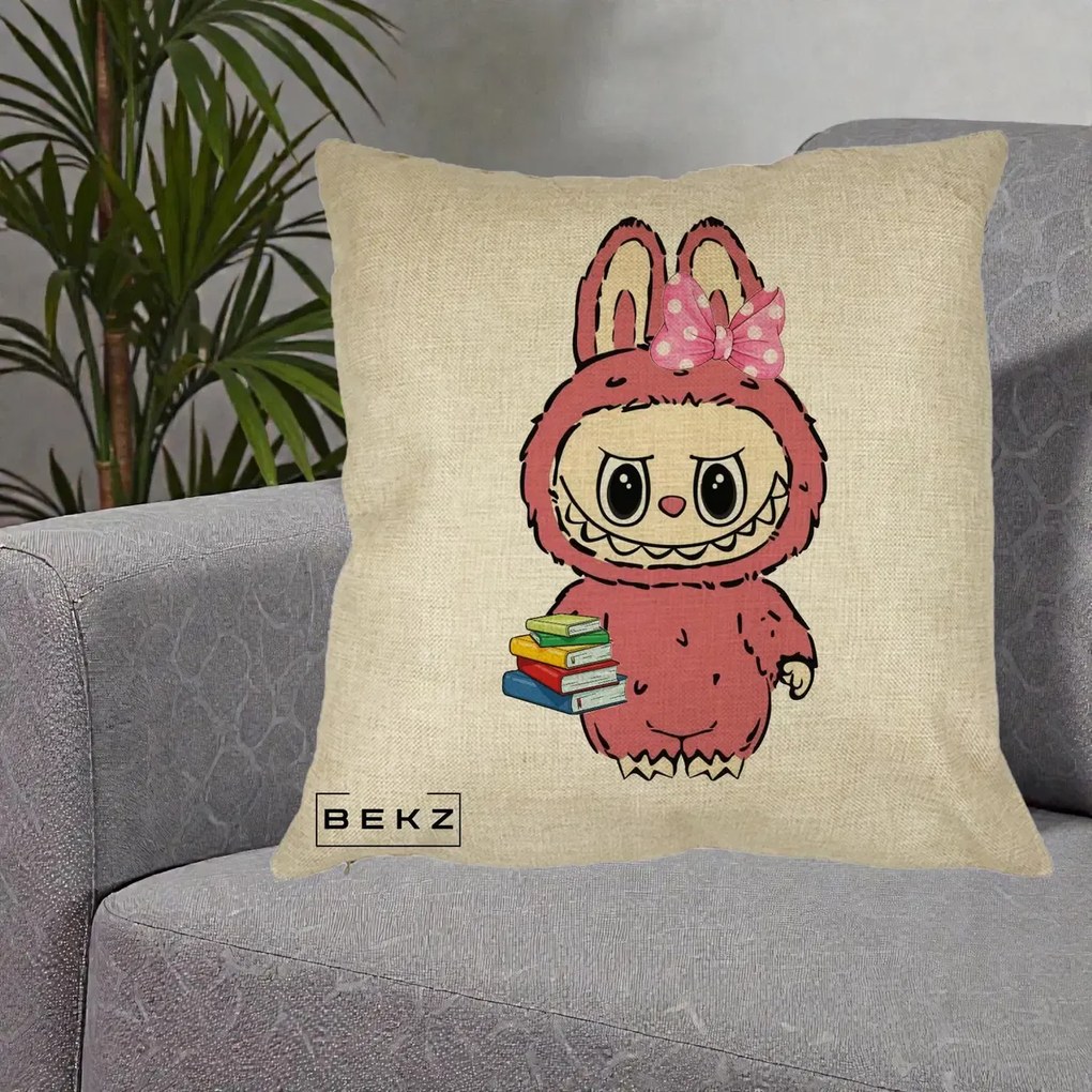 Perna Personalizata Labubu Roz cu Funda si Carti, 40x40 cm, Crem, Husa Detasabila, Perna Inclusa, BEKZ®