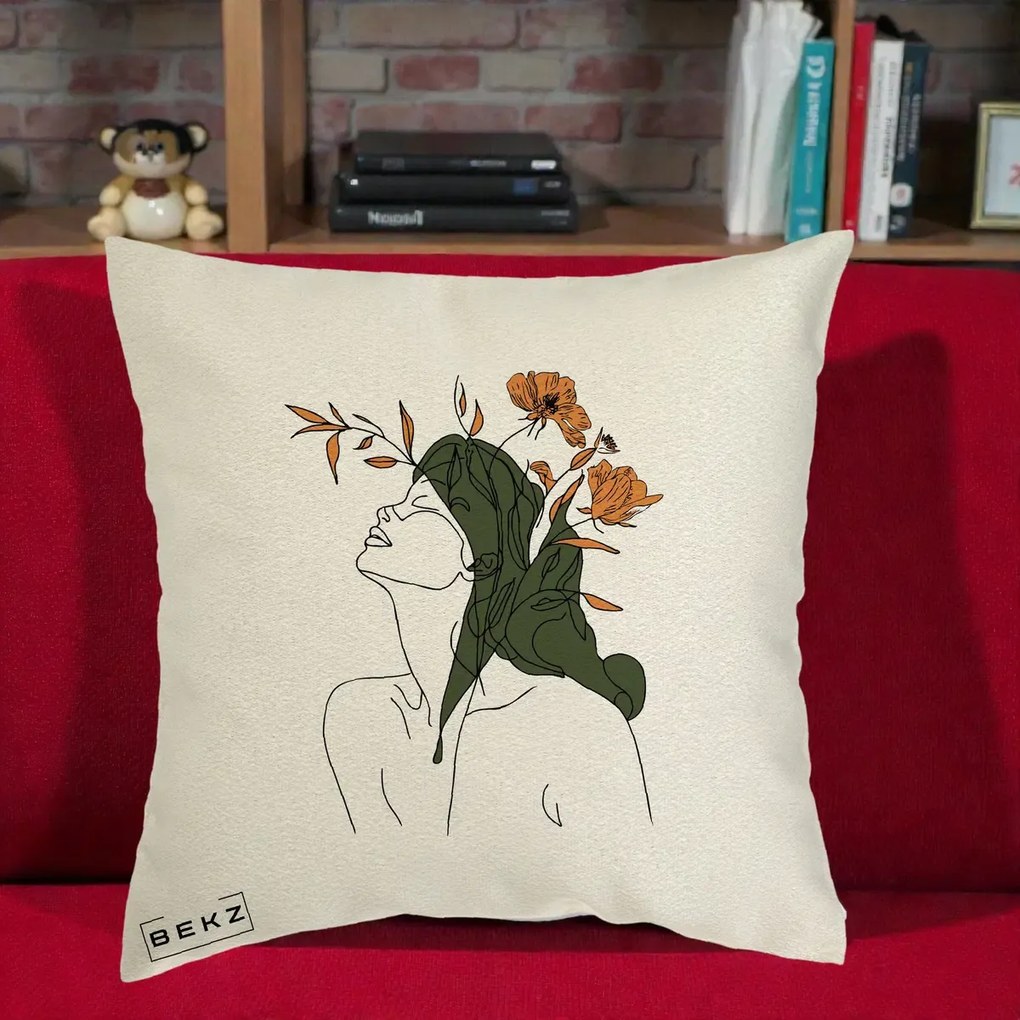 Perna Decorativa Portret Feminin Profil Flori Portocalii, 40x40 cm, Ecru, Husa Detasabila, Perna Inclusa, BEKZ®